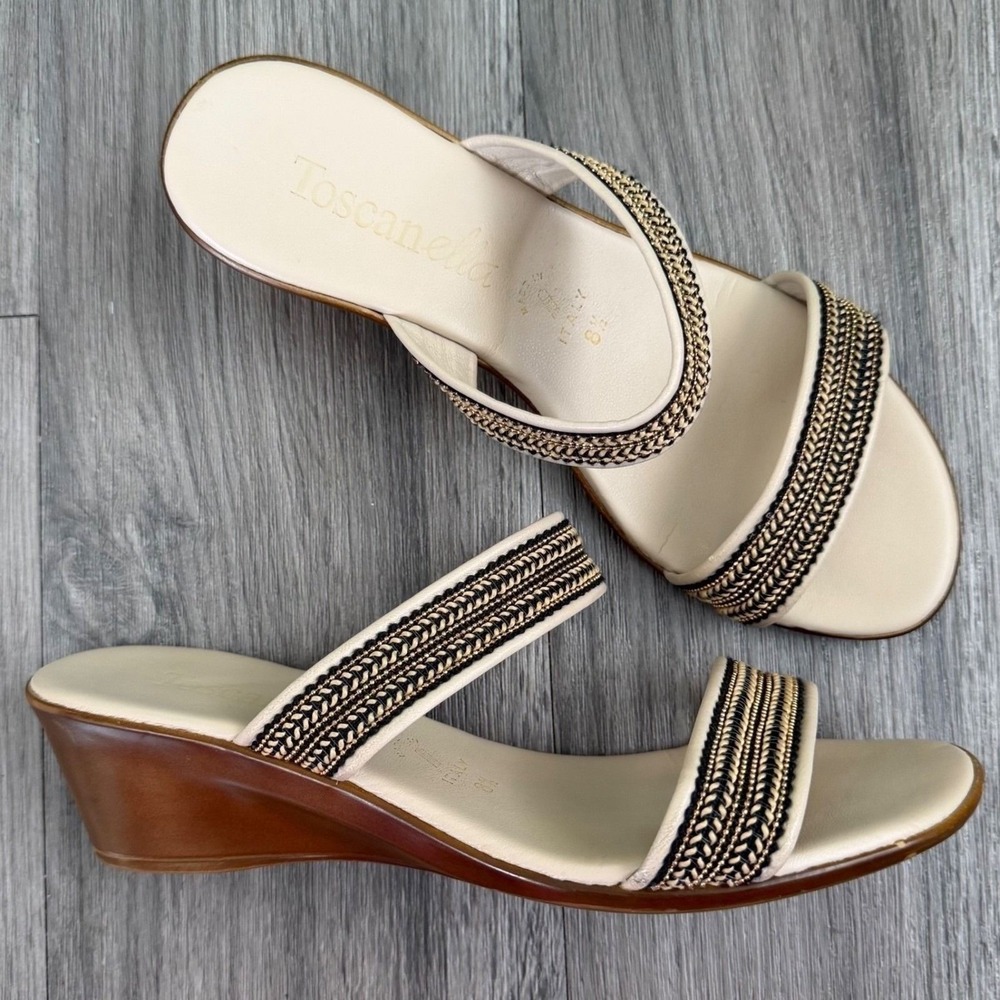 Mediterranean Resort Boho Chic Italian Leather Wedge Sandals 8.5 Beaded White